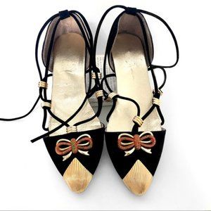 Unique Vintage Shoes in Black Suede & Gold
